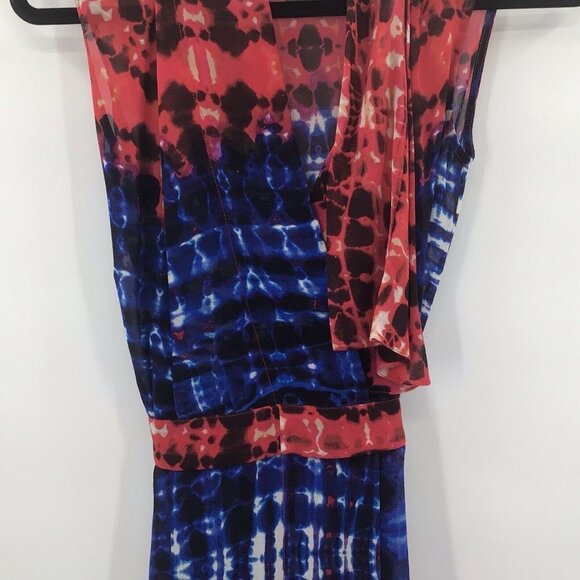 BCBGMaxazria Women's Sz XXS Red/Blue Persian 100% Silk Sleeveless Wrap Blouse - Picture 3 of 7